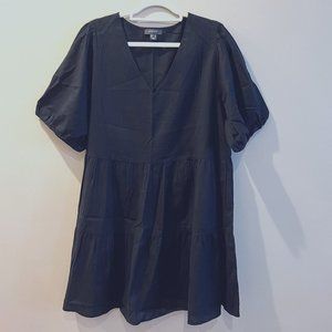 Linen Tiered Black A-Line V-Neck Dress - UK 20 / US 16